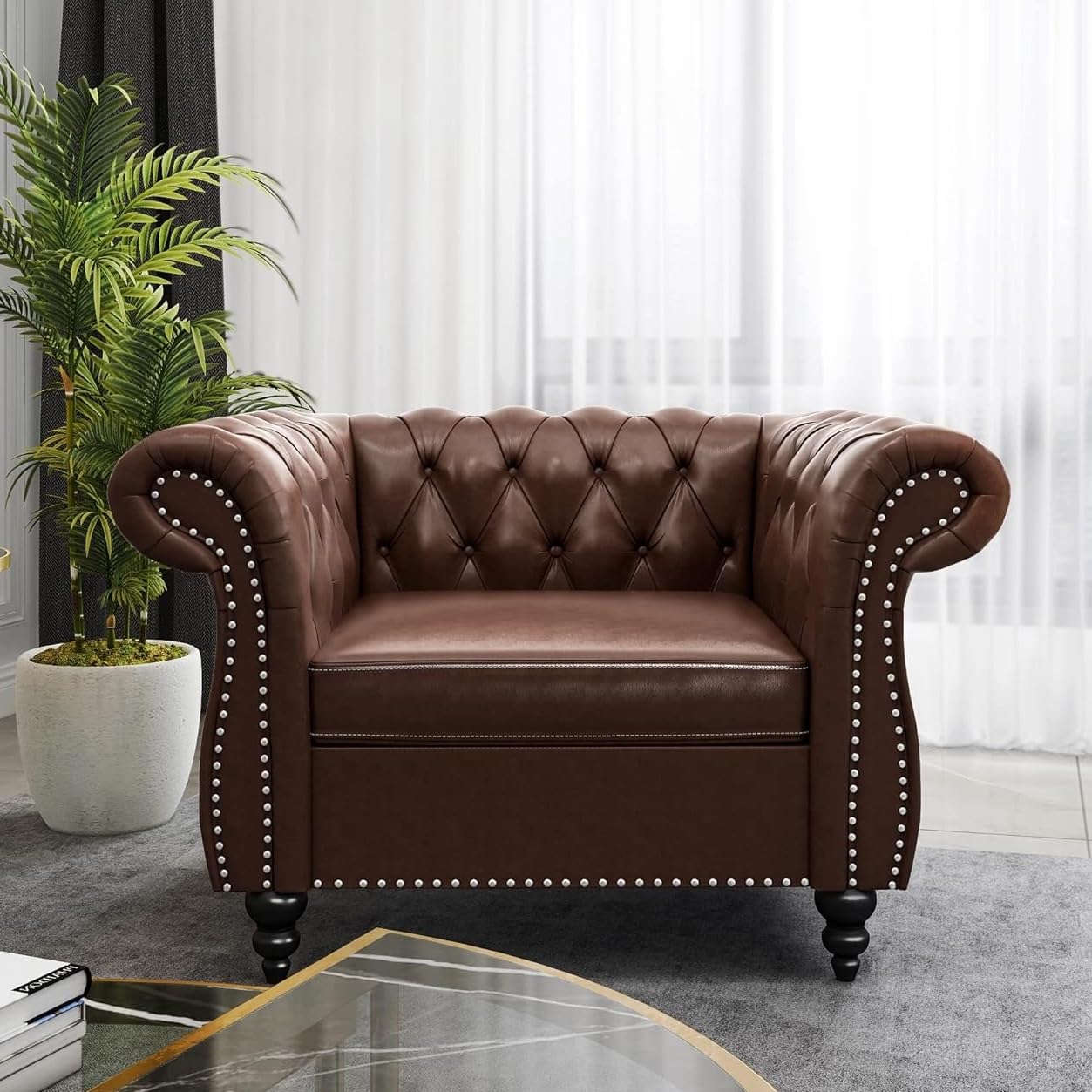 AVZEAR Chesterfield Loveseat Sofa, Upholstered Sofa Modern 2 Seater Couch Sofa Set Style Button Tufted, Mid-Century PU Chesterfield Sofa for Living Room Apartment, PU Black