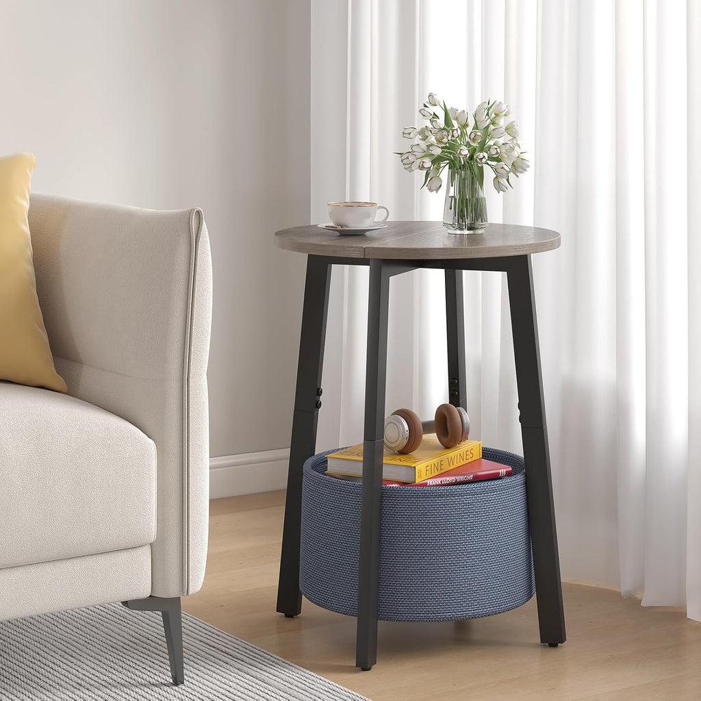 Small Round Side End Table with Cloth Storage Basket, Round Bedside Sofa Couch Coffee Tables for Small Places with Metal Frame, Modern Nighstands for Living Room Bedroom, Grey