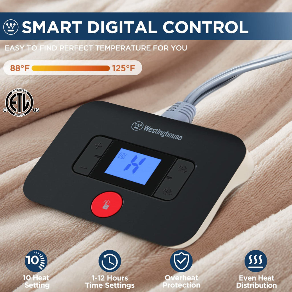 Manta eléctrica Westinghouse tamaño Queen, franela súper suave y acogedora 84" x 90" manta calefactable con 10 niveles de calentamiento rápido y apagado automático de 1-12 horas, lavable a máquina, certificación ETL y FCC, beige