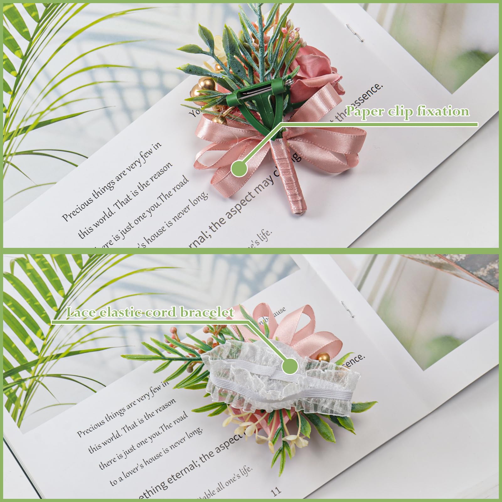 مجموعه 2 عددی گل رز صورتی ZAGQIG برای عروسی، گل مصنوعی مچ‌بند پروم، مچ‌بند و گل سینه مردانه برای تزئین کت پروم، لوازم جانبی جشن عروسی