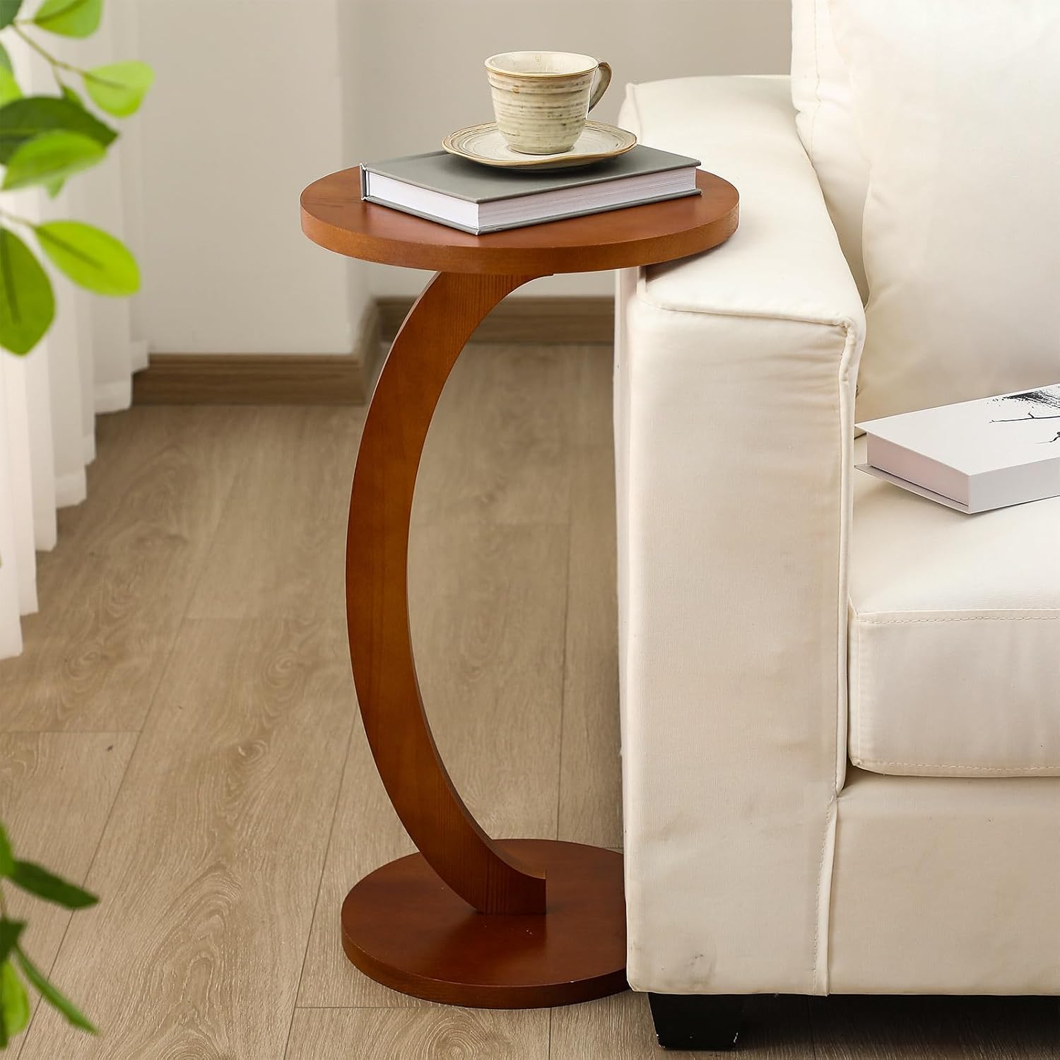 Leinuosen C Shaped Round End Table Solid Wood Handmade Side Table for Couch, Sofa, Living Room, Coffee and Eating Snack Tray (C Shaped Round,13.39 x13.39 x 23.43 Inch)