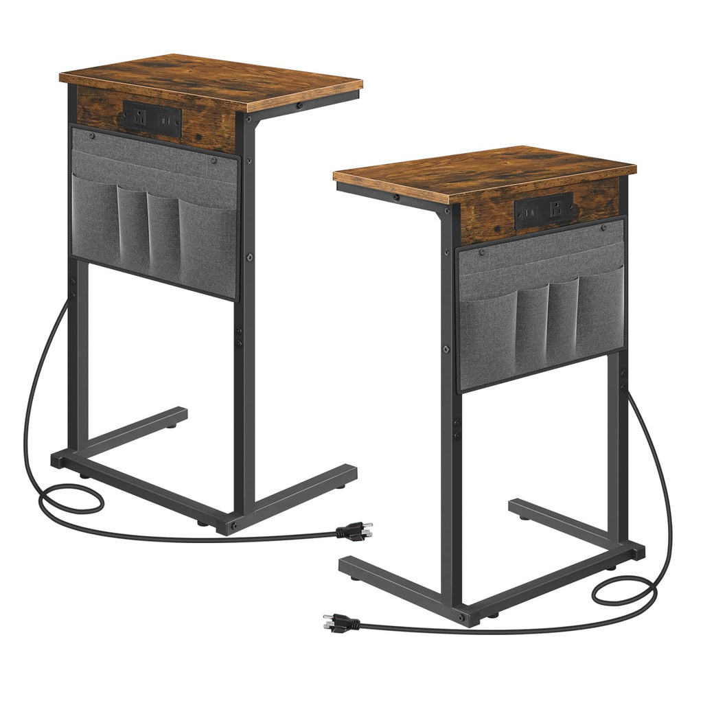 HOOBRO C Shaped End Table with Charging Station, 28" H Couch Side Table Slide Under, Sofa Arm Tray Table with Storage Bag for Living Room, Recliner, Rustic Brown BF70USF01