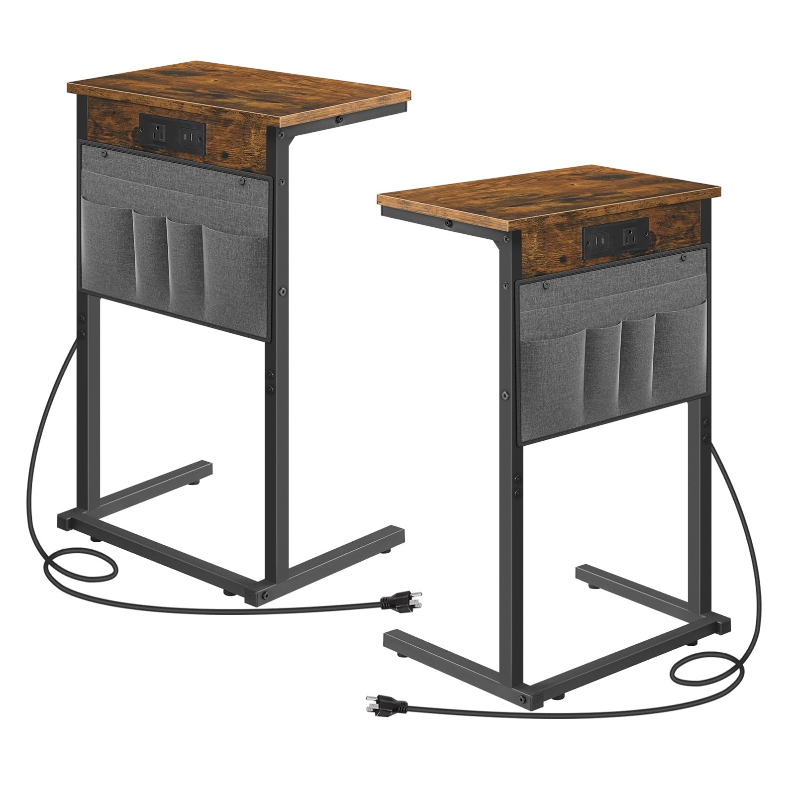 HOOBRO C Shaped End Table with Charging Station, 28" H Couch Side Table Slide Under, Sofa Arm Tray Table with Storage Bag for Living Room, Recliner, Rustic Brown BF70USF01
