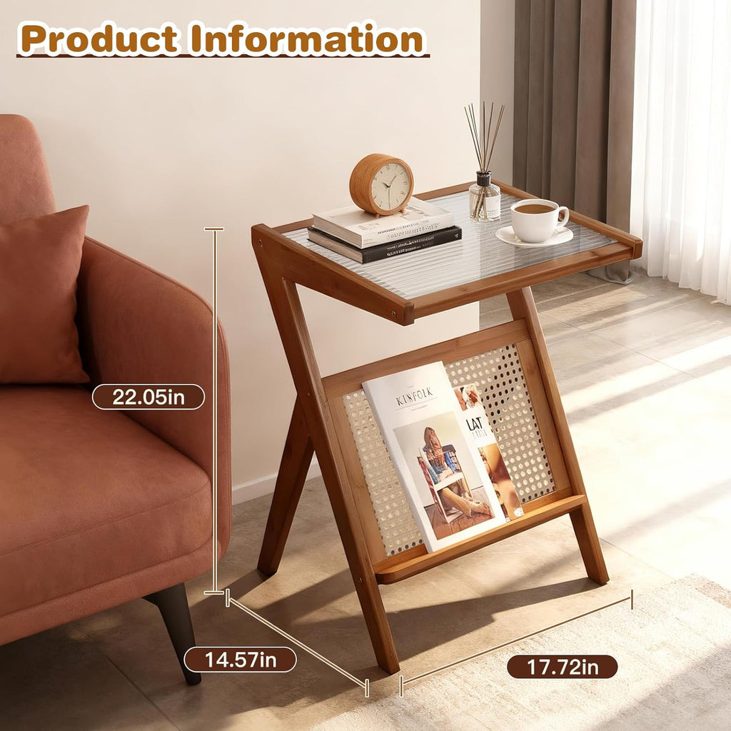 Stand Side Table Plastic Rattan Bedside Tables Glass Coffee Tables Wood Boho End Table with Storage Compact Accent Table for Small Spaces, Perfect for Living Room, Bedroom and Apartment (Brown)