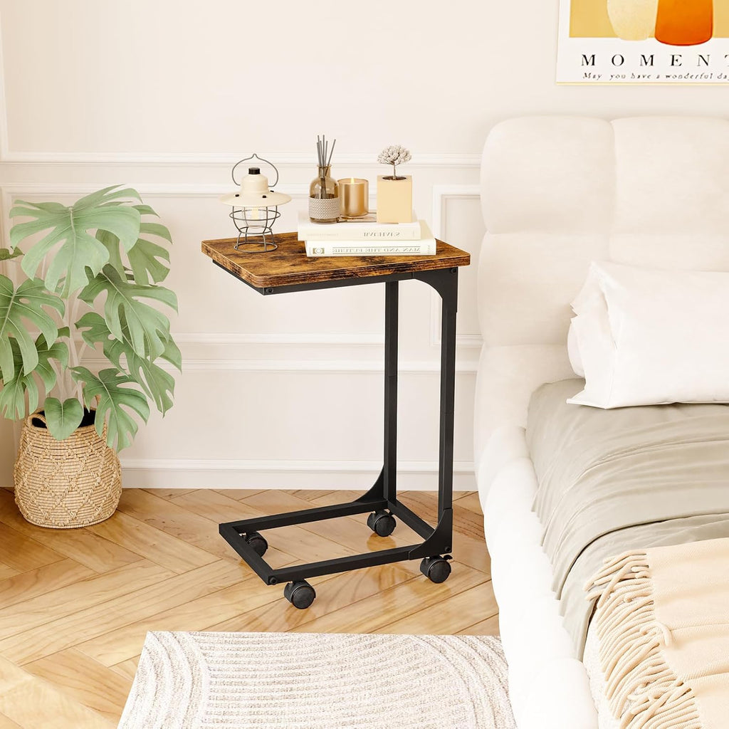 Fixwal TV Tray, C Table, C Shaped Side Table with Wheels for Couch, Coffee Tables for Living Room Sofa End Table, Bedside Table for Bedroom, Rustic Brown