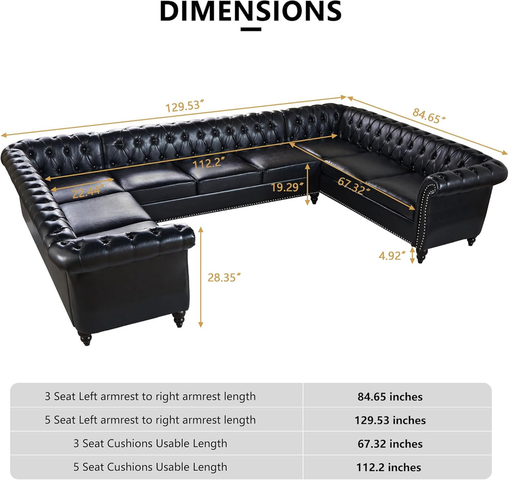 U Shaped Large Sectional Sofa, Chesterfield Leather Faux Couch Tufted Accent Sofa with Scroll Arms and Nailhead for Living Room, Office