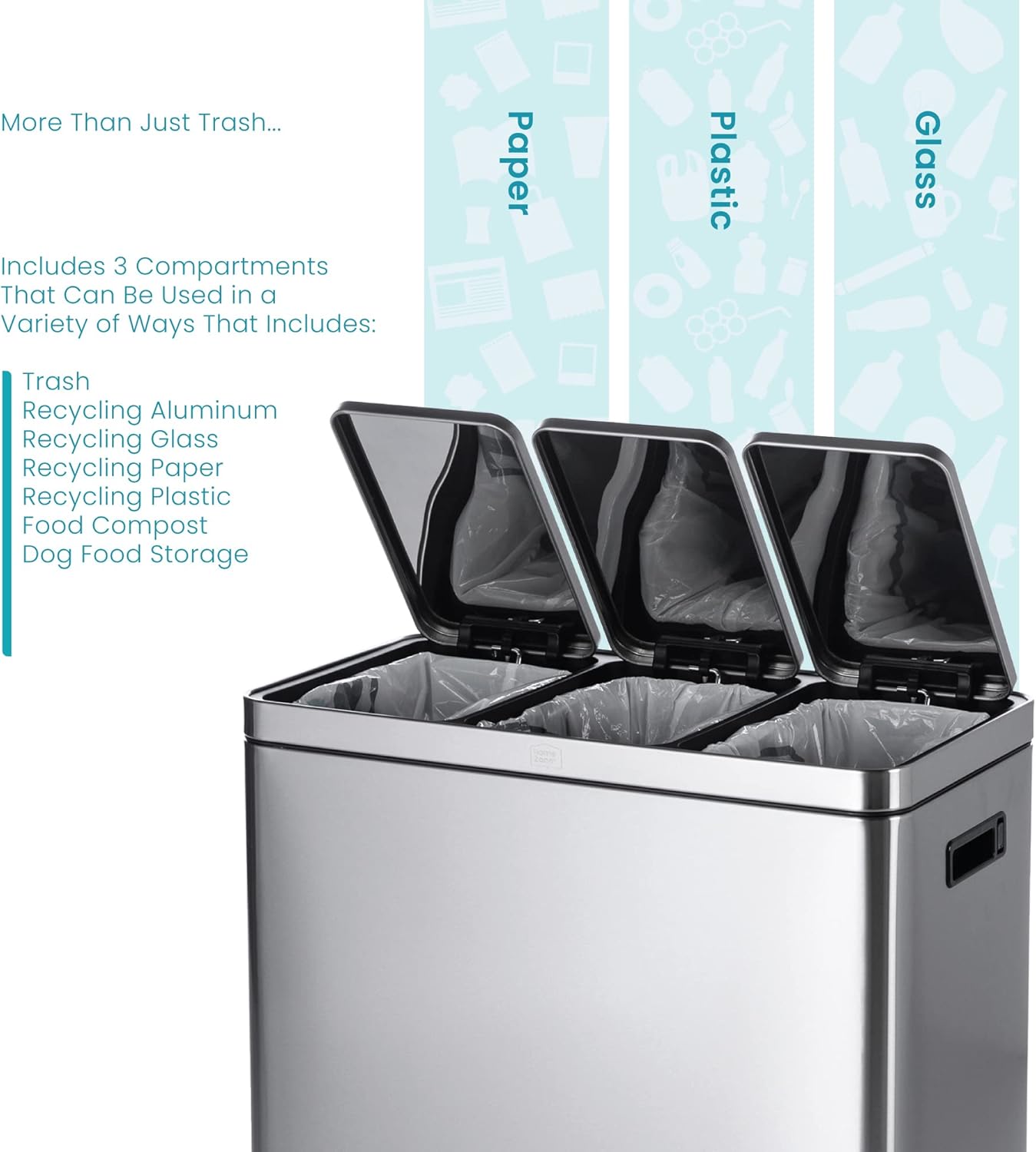 Home Zone Living 16 Gallon Large Kitchen Trash Can with Three Compartments for Recycling, Stainless Steel, Silver, 60 Liters Total