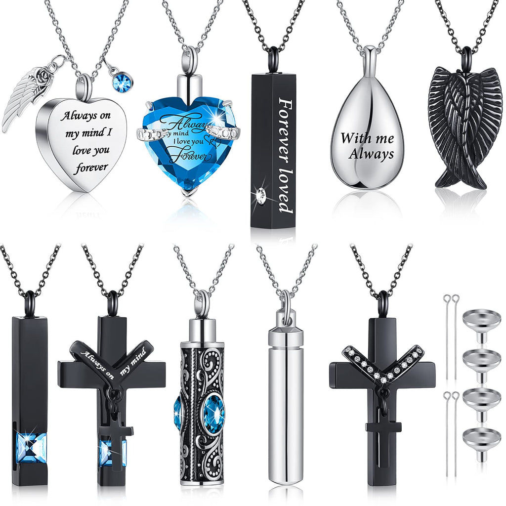 Jexine 10 Pcs Urn Necklace For Ashes Cremation Jewelry Wings Tear Drop Cross Crystal Ashes Necklace Stainless Steel Zircon Memorial Locket Vertical Bar Heart Waterproof Keepsake For Men