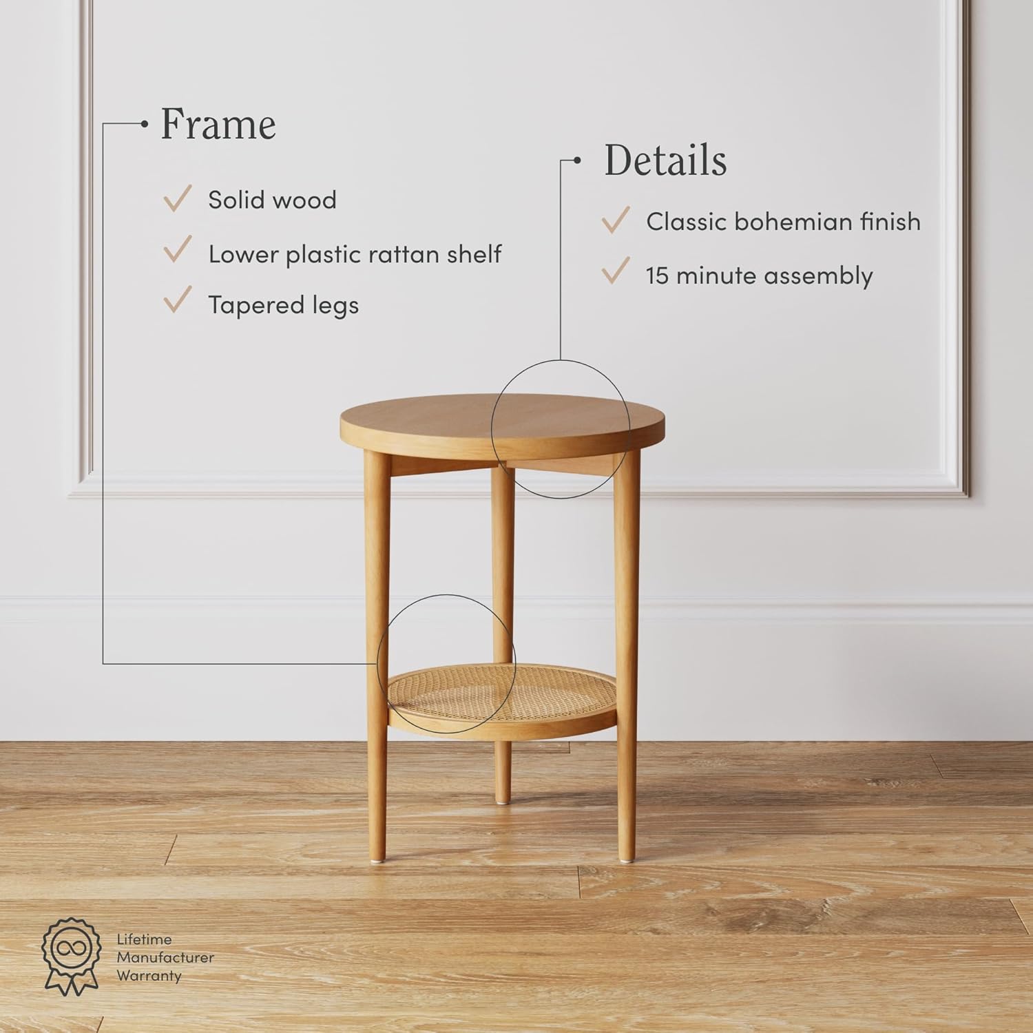 Nathan James Sonia Boho Round Accent End Table, Natural Sofa Side Table in Light Wood with Rattan Storage Shelf for Living Room, Bedroom or Nursery, Light Brown