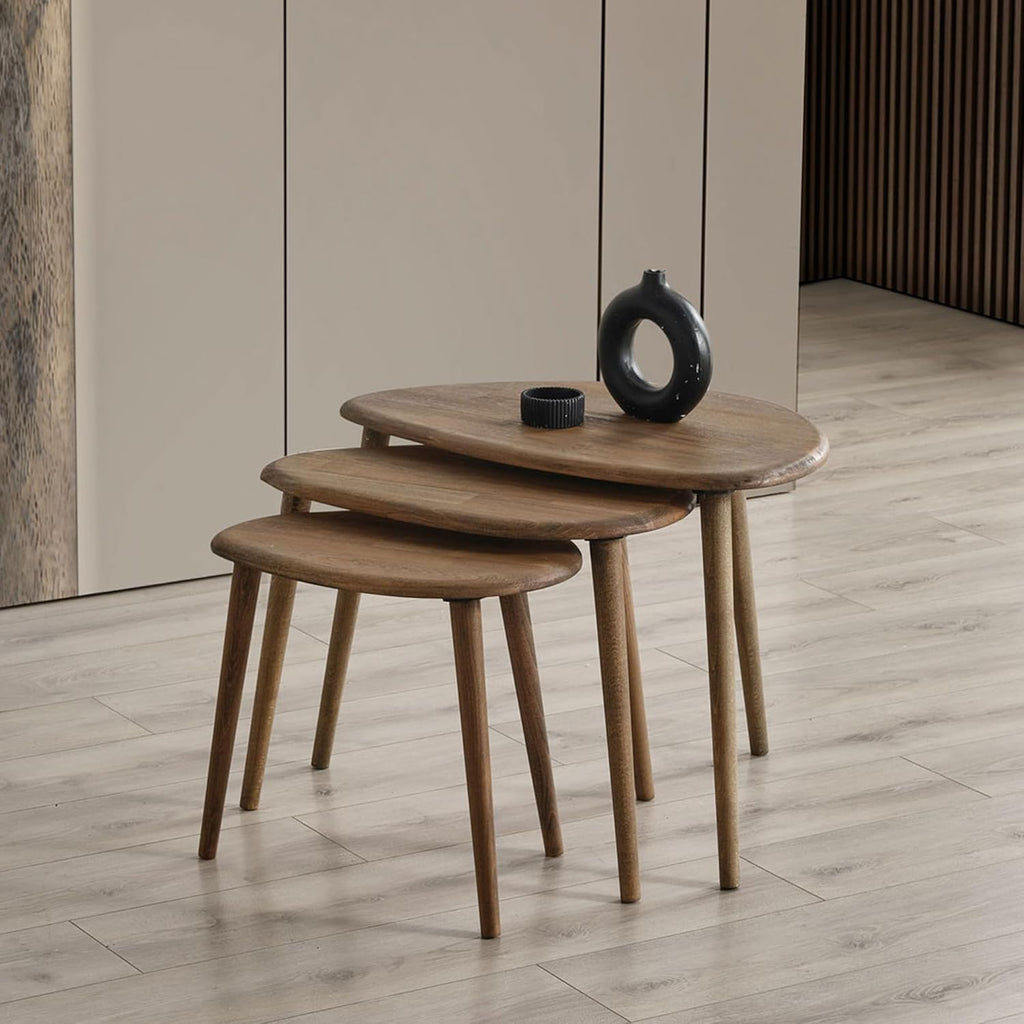 Solid Wood Nesting Coffee Table Set of 3 - Mid Century Modern Pebble Tables with Tapered Legs – Wooden Home Furniture in a Retro Style (Walnut)
