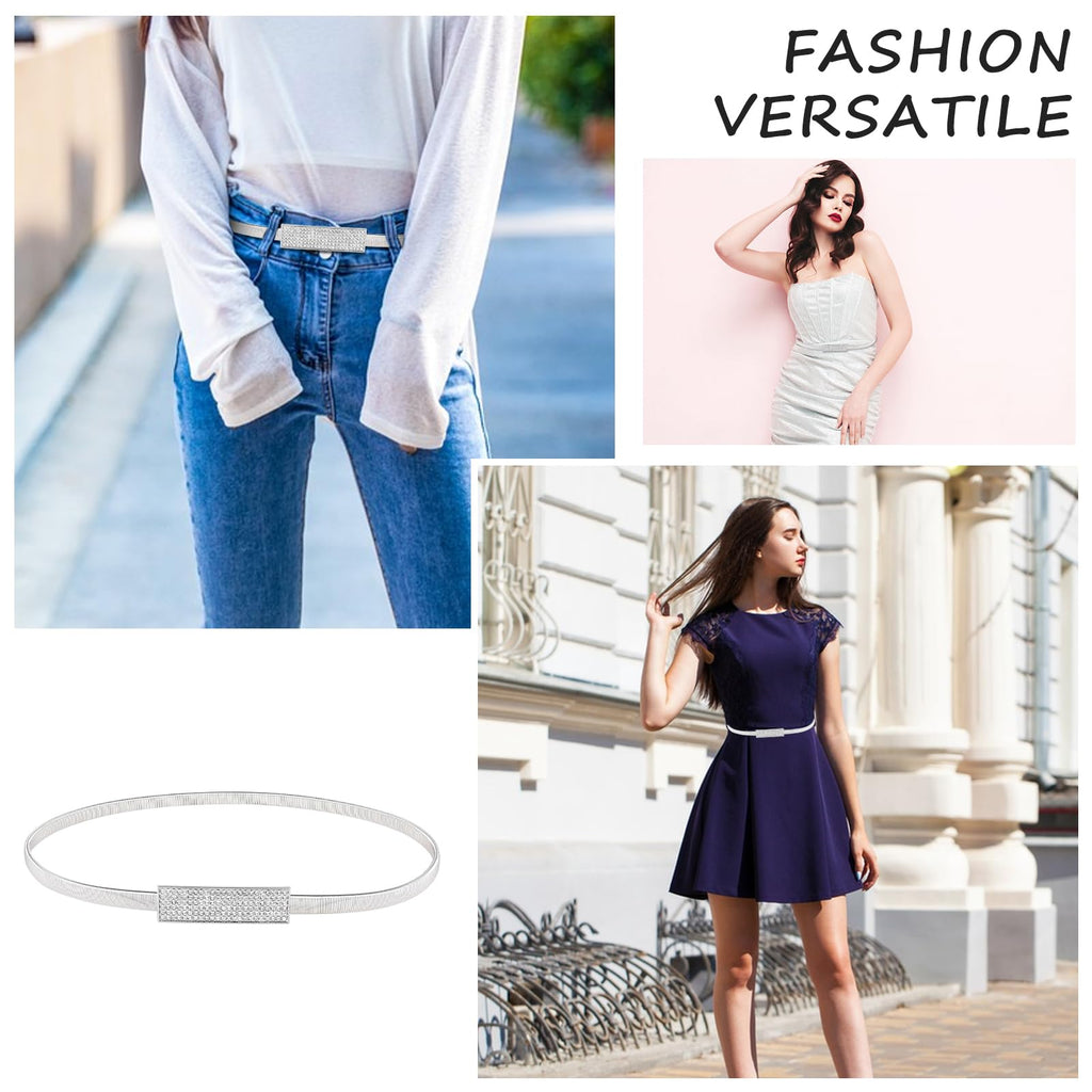Women Skinny Metal Waist Belt Elastic Metal Chain Waist Belt Fashion Rhinestone Dress Belts for Dress, Sliver