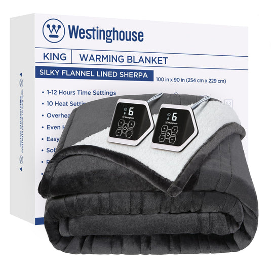 Westinghouse Heated Blanket Queen Size, Soft Flannel to Sherpa Electric Blanket with 10 Heating Levels, 12 Hours Auto Off, Fast Heating Blanket, Machine Washable, 84x90 Inch, Charcoal