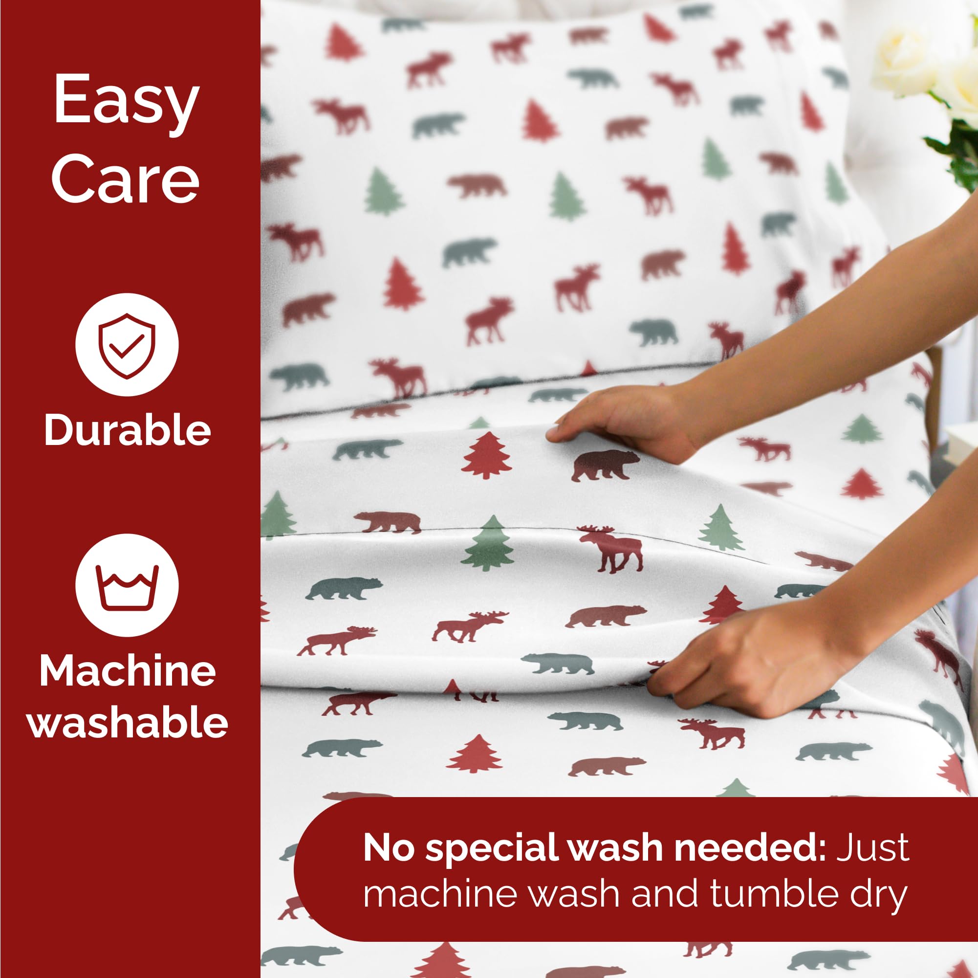 Komplet pościeli King Christmas Tree - Świąteczny wzór Xmas na lnie - Głębokie kieszenie - Dopasowany krój - 4 części - Bez zagnieceń - Wygodna i chłodząca świąteczna pościel zimowa - Łatwa w pielęgnacji - Przyjazna dzieciom