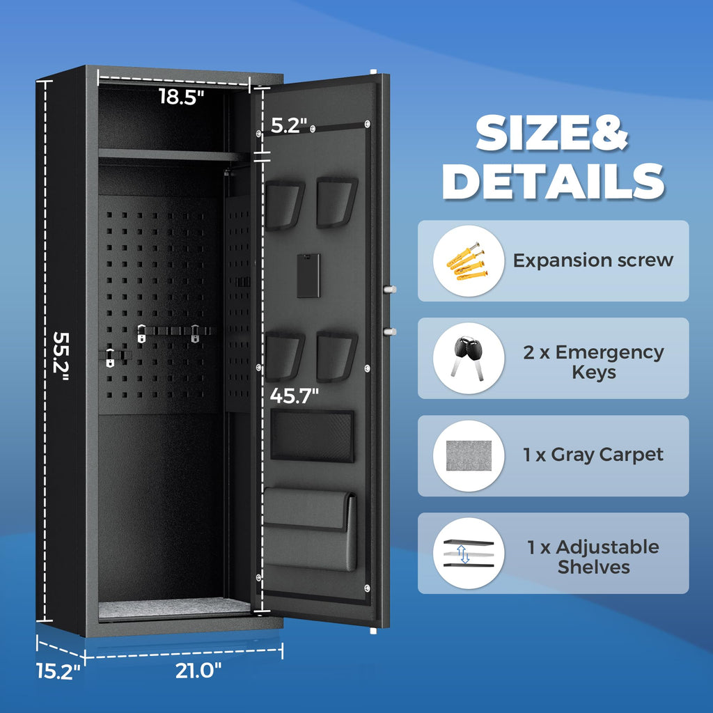 Greenvelly 10-14 Waffenschrank für Gewehre und Pistolen, feuerfester Waffenschrank mit Schnellverschluss, verstellbaren Regalen und Taschen, abschließbarer Waffenschrank mit Gewehrhalterung für Zuhause und Schrotflinte (Schwarz)