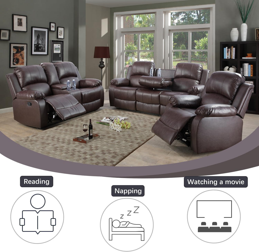 Bonded Leather Living Room Furniture Set Reclining Sofa Set Loveseat Furniture Sets in Living Room Sofa Recliners (3 Pieces, Brown)