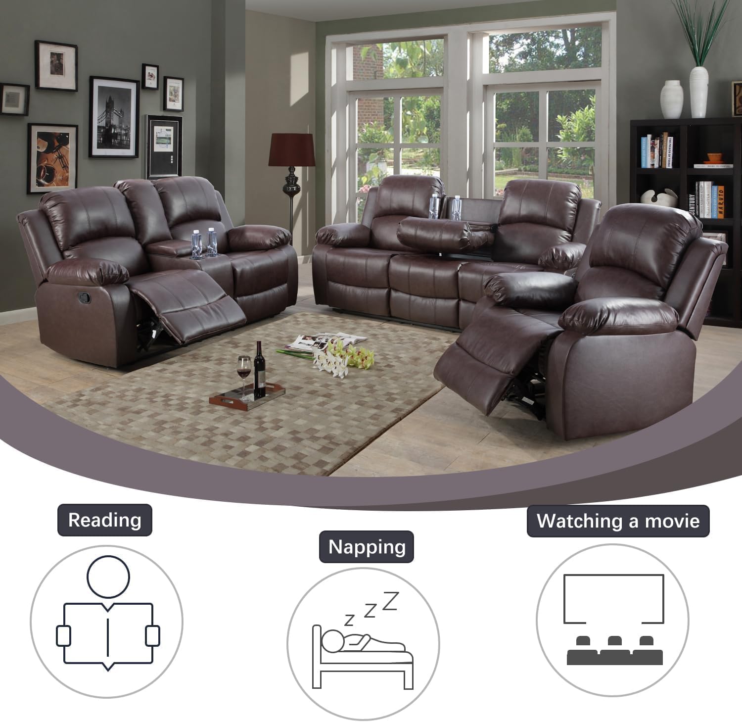 Bonded Leather Living Room Furniture Set Reclining Sofa Set Loveseat Furniture Sets in Living Room Sofa Recliners (3 Pieces, Brown)