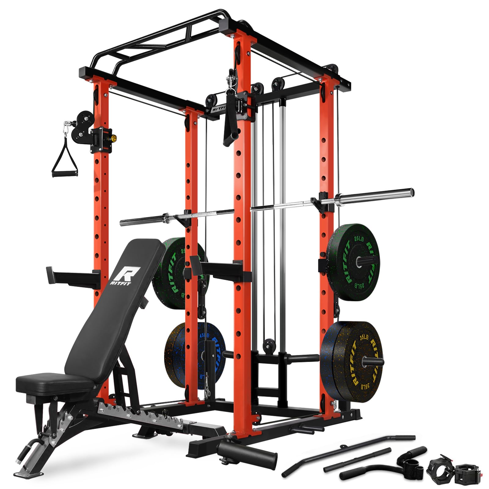 RitFit Squat Rack Power Cage Home Gym Package, Includes 1000LBS Power Rack with Cable Crossover System, Weight Bench, Weight Plate Set with Olympic Barbell (Package 1.6K (Bumper Plate 230LBS))-Orange