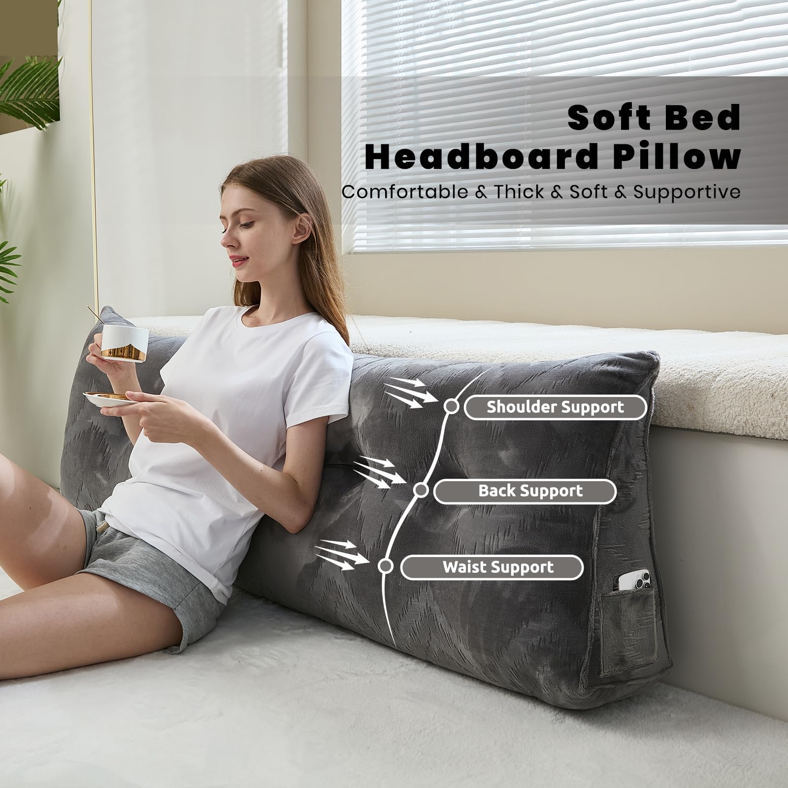 بالش تاج تخت زلادورا، بالش مثلثی نرم برای حمایت هنگام مطالعه و استراحت، کوسن تاج تخت با روکش قابل جدا شدن، خاکستری تیره، سایز کوئین (59"x8"x20")