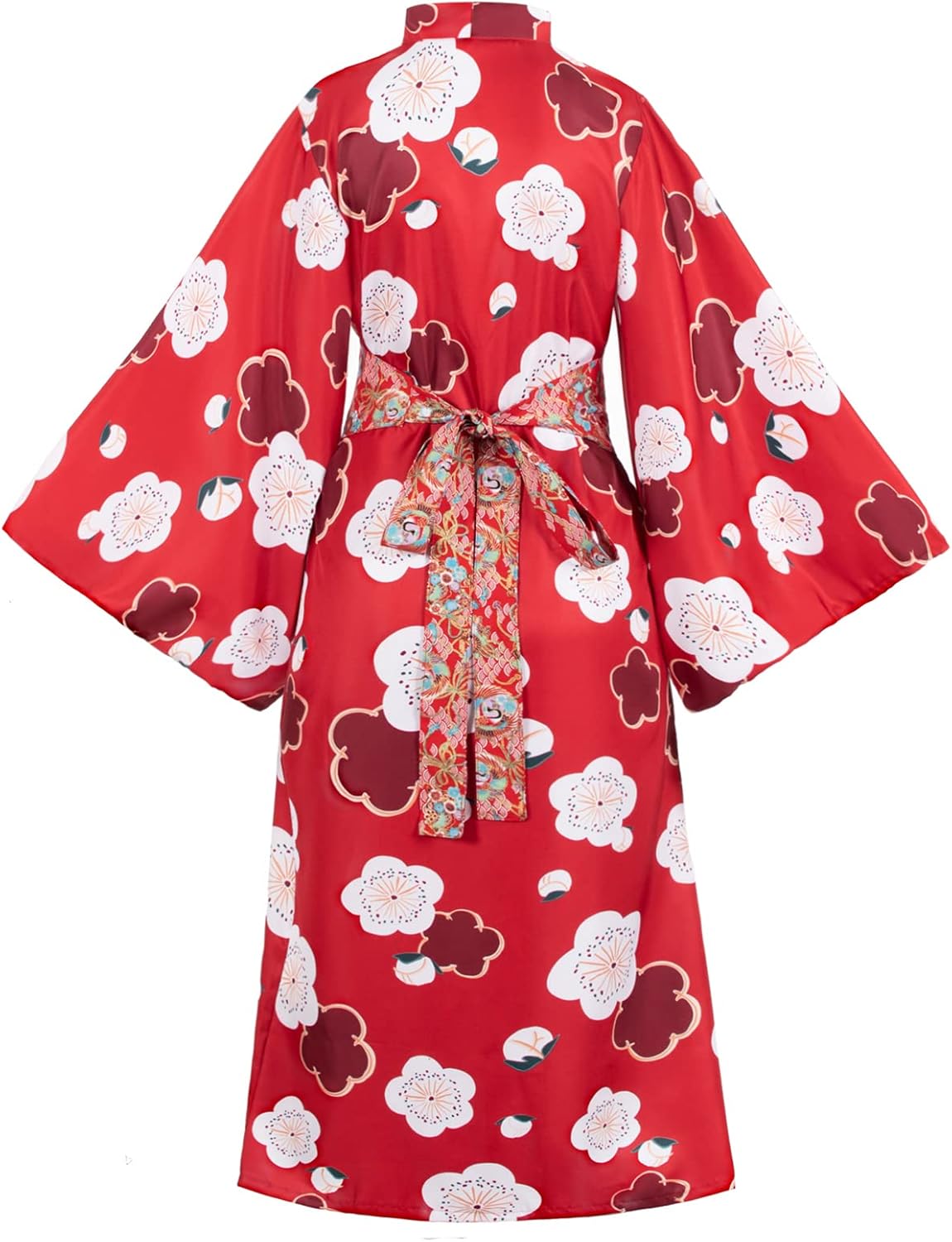 Japanese Anime Women's Long Kimono Robe Fancy Dress Hand Held Silk Folding Fans Tabi Socks Hairstick Set Sakura Red