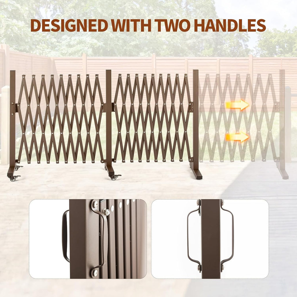 TECSPACE Aluminum Expandable Garden Fence, Portable Barricade Gate with Casters, Adjustable Retractable Fence Mobile Barricade Safety Barrier (Brown, 201×15×41 inch)