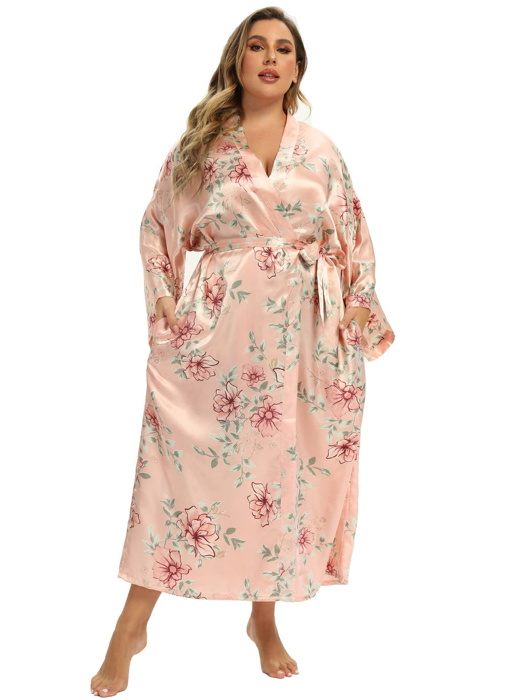 Women's Floral Long Satin Robes Plus Size Long Silk Robes Peacock Floral Kimonos Sleepwear Dressing Gown