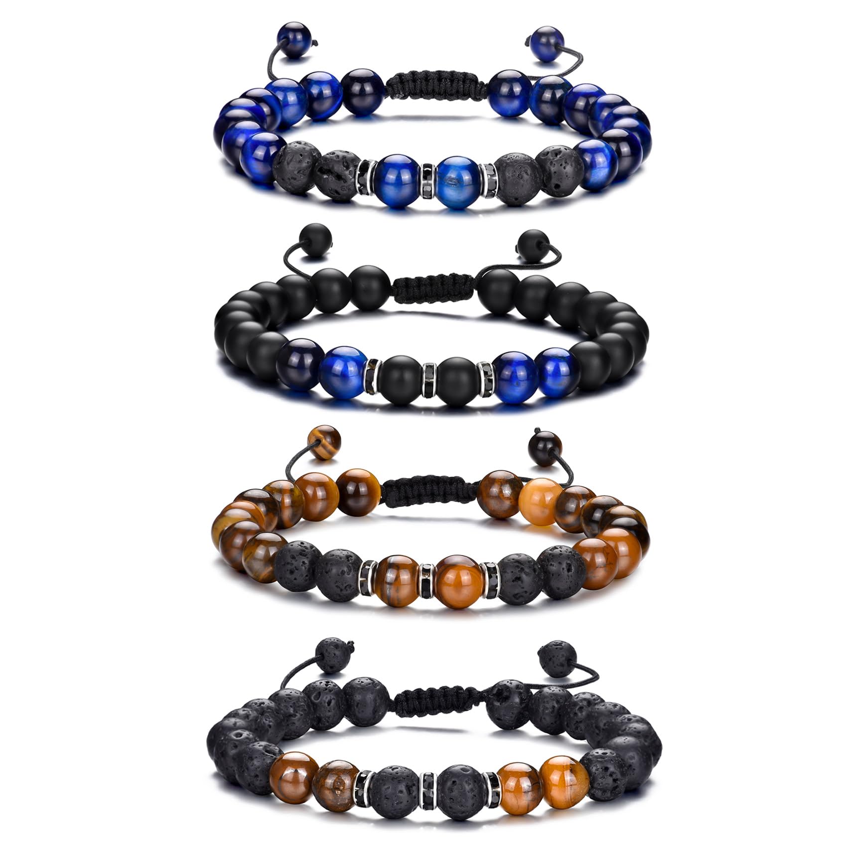 RANKEEF Tiger Eye Bracelet For Men 8MM Natural Stone Stretch Adjustable Black Crystal Beaded Bracelet for Men Women Gifts