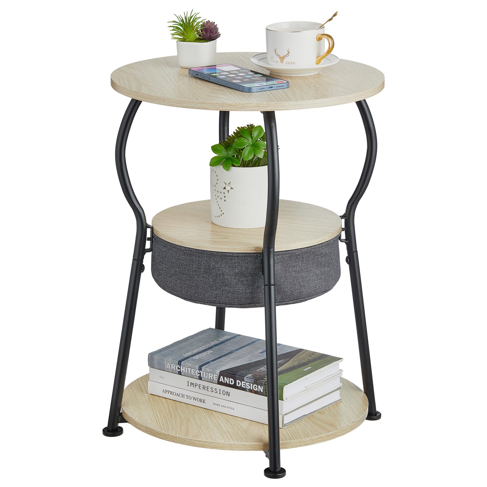 Small Round Side Table with Storage Bag, 3-Tier Accent Round End Table with Four Storage Functions for Living Room, 21.6" H Vintage Smalls Corner Table for Small Spaces Nightstand Bedroom