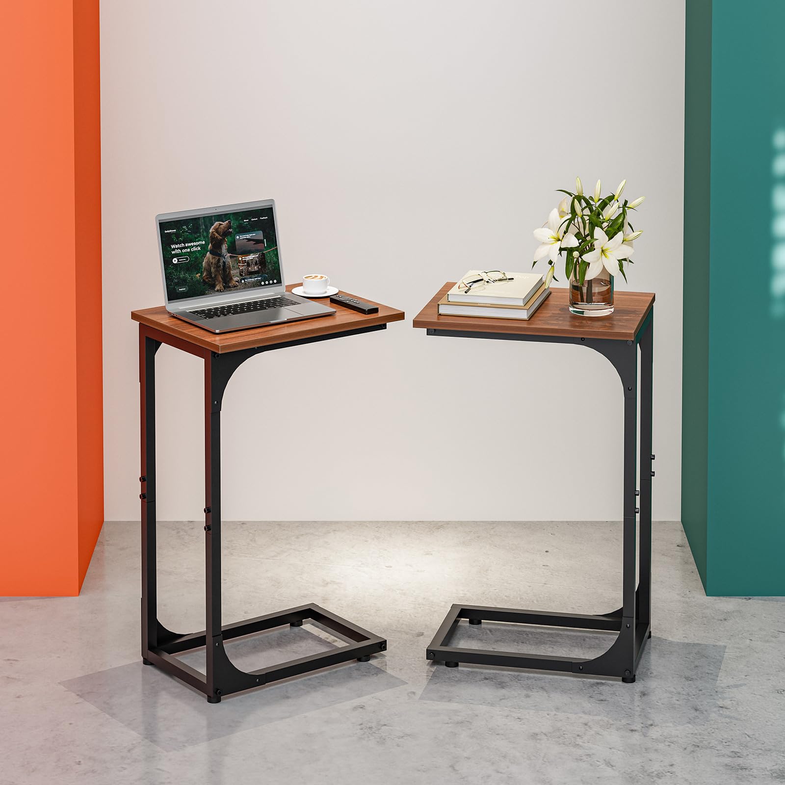 C-Shaped Side Table for Couch - Small Coffee Stand Sofa Tray Desk with Metal Frame and Waterproof Scratch Resistant, Modern End Accent for Living Room, Bedroom, Small Spaces, Rustic Brown