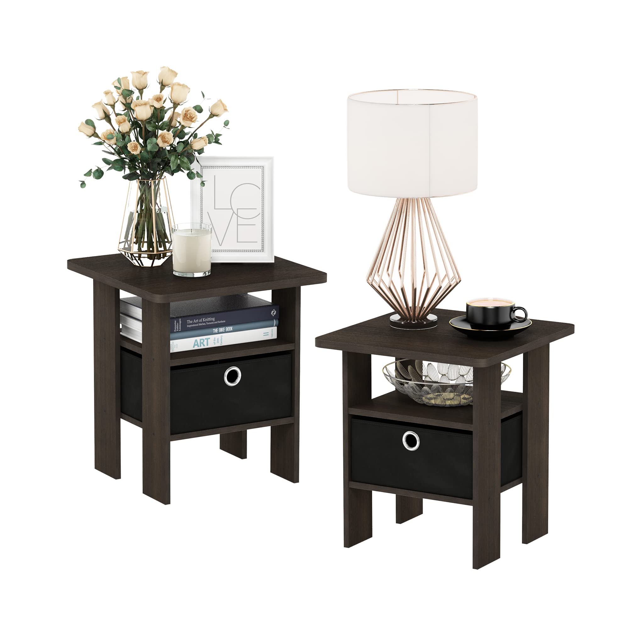 Furinno Andrey Set of 2 End Table / Side Table / Night Stand / Bedside Table with Bin Drawer, French Oak Grey