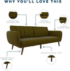 Novogratz Brittany 82 Inch Futon Sofa Bed in Faux Leather, Upholstered Couch Sleeper with Tufted Back, Mid-Century Modern Design, Green