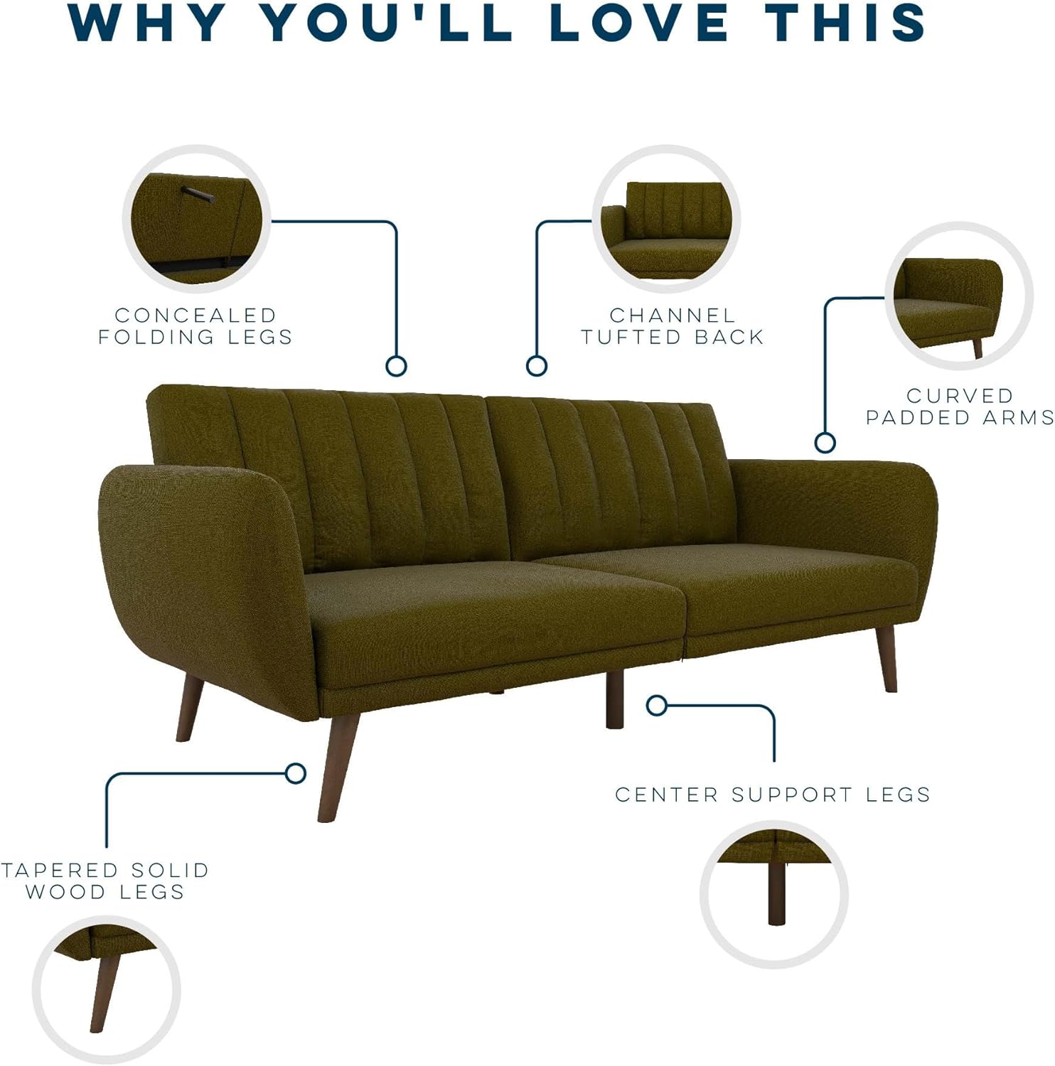 Novogratz Brittany 82 Inch Futon Sofa Bed in Faux Leather, Upholstered Couch Sleeper with Tufted Back, Mid-Century Modern Design, Green