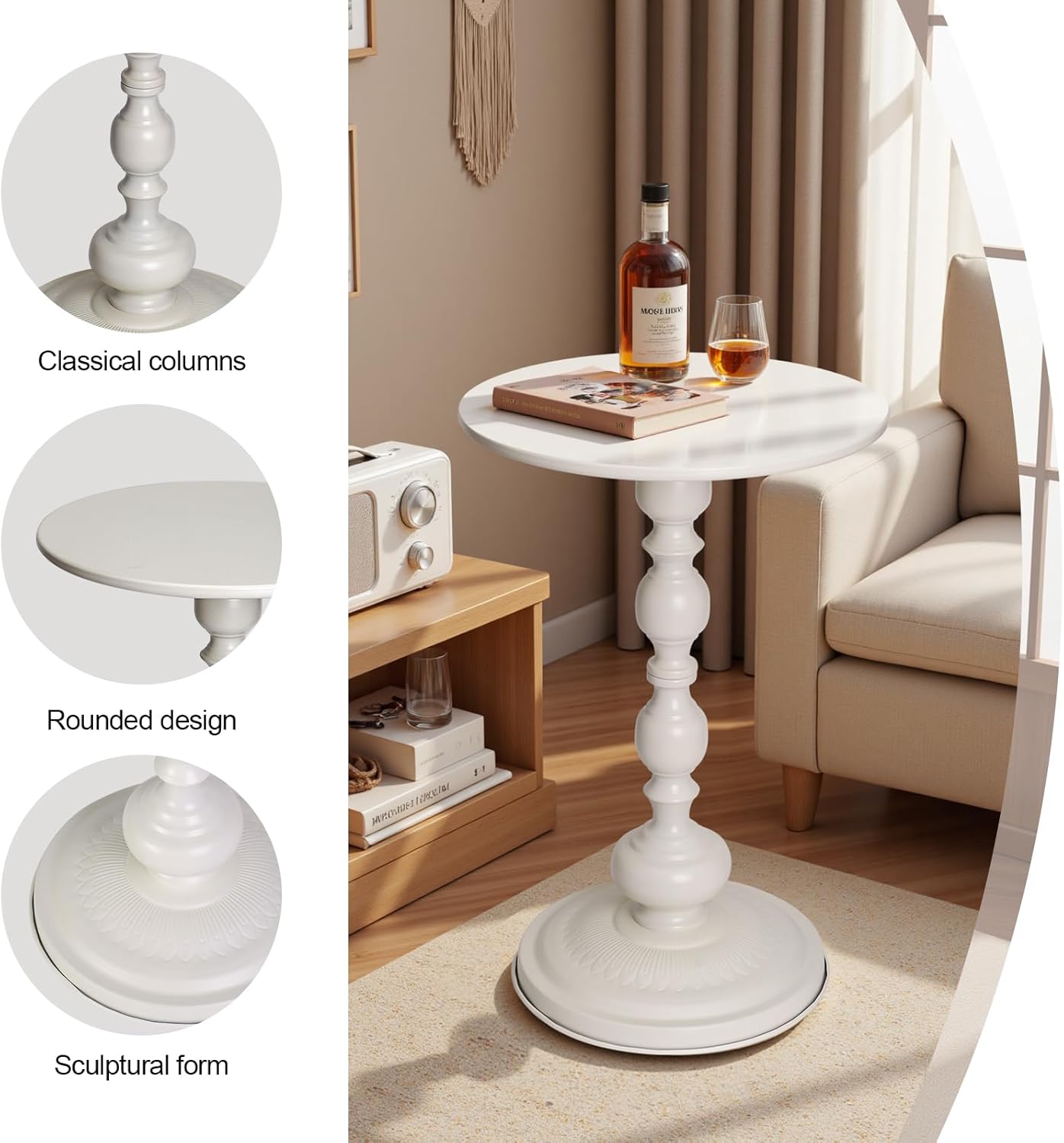 Metal Small Round End Table,Vintage Bedside Drink Table Nightstand for Small Spaces,Modern Accent Pedestal Tables Coffee Tables for Living Room, Bedroom, Corners, Patio,White