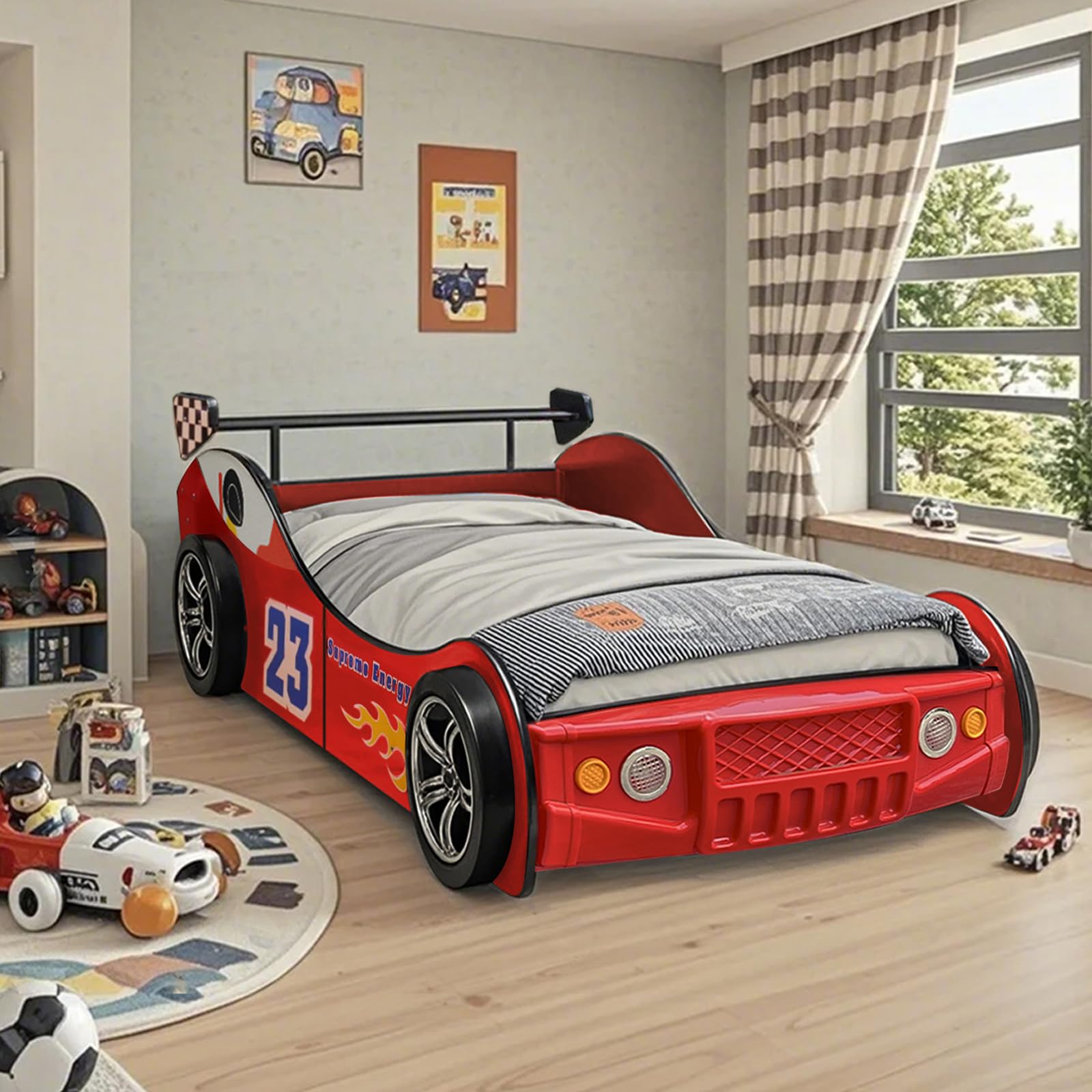 Lit voiture taille double LKTART pour enfants, cadre de lit plateforme en bois en forme de voiture de course avec tête de lit, roues et lattes de support pour garçons, tout-petits, chambre d'enfant (rouge)