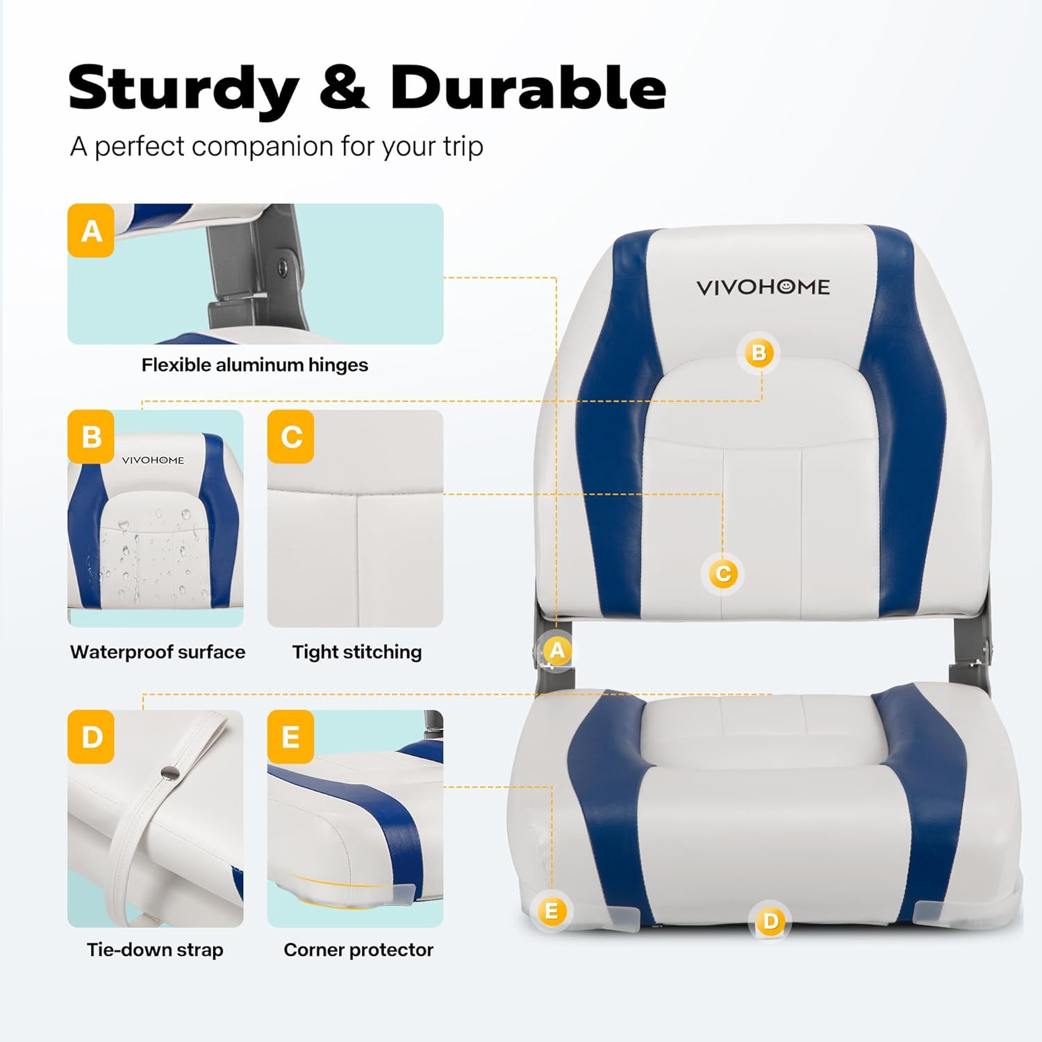 VIVOHOME Folding Low Back Boat Seats 2 Pack, Waterproof Boat Captain Chairs, 4 Mounting Screws Included, White and Blue