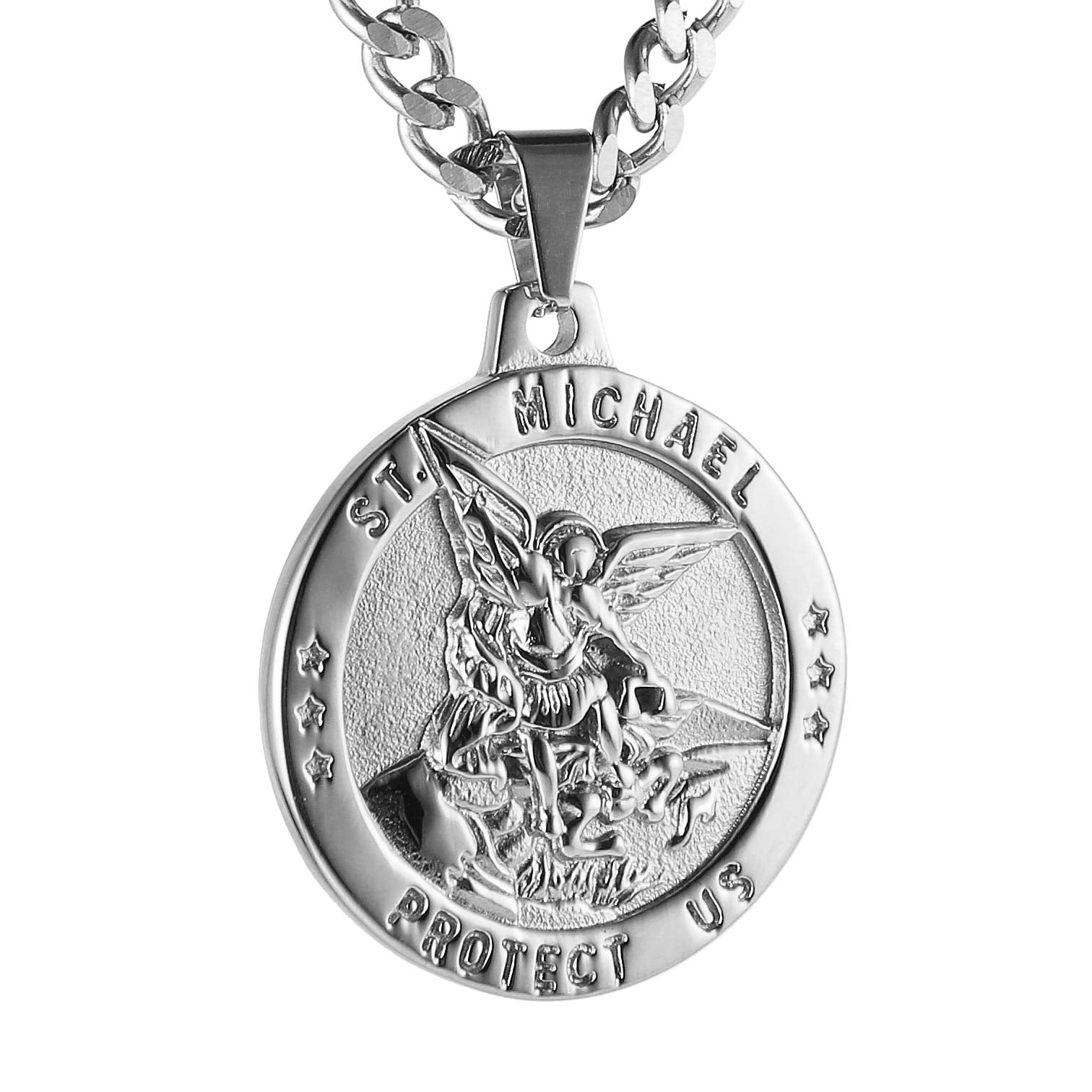 HZMAN St Michael The Archangel Catholic Medal Stainless Steel Amulet Pendant Necklace 22+2" Rolo Curb Chain