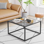 YMYNY Glass Coffee Table, Tempered Glass Square Coffee Tables with Metal Frame, Unique Modern Table for Living Room Home Office 26.77" x 26.77" x 15.75", Black Grey, UHCT001H