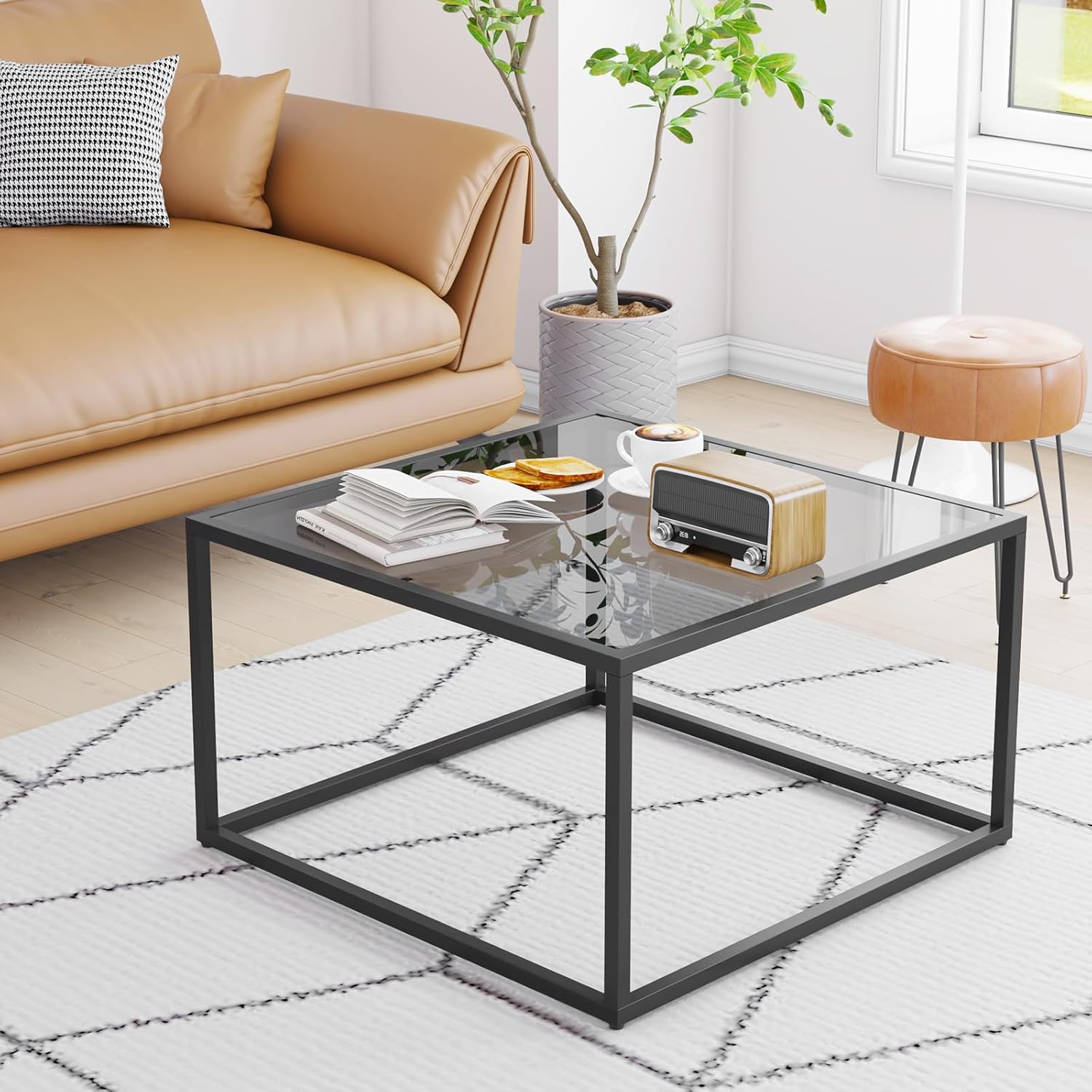 YMYNY Glass Coffee Table, Tempered Glass Square Coffee Tables with Metal Frame, Unique Modern Table for Living Room Home Office 26.77" x 26.77" x 15.75", Black Grey, UHCT001H