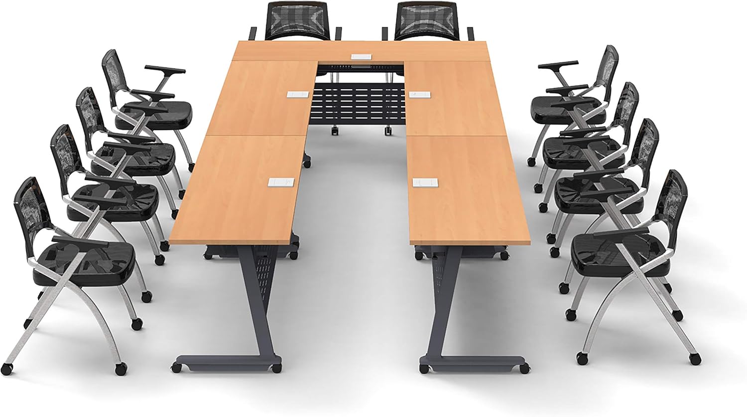 10 Person Tables Training Meeting Seminar Classroom Model 5602 15pc Beech Folding Industrial Caster Z-Base. Tables Connect. Modesty Panel, Shelf, Power+USB Outlet. Fold+Nest (Seating Included).