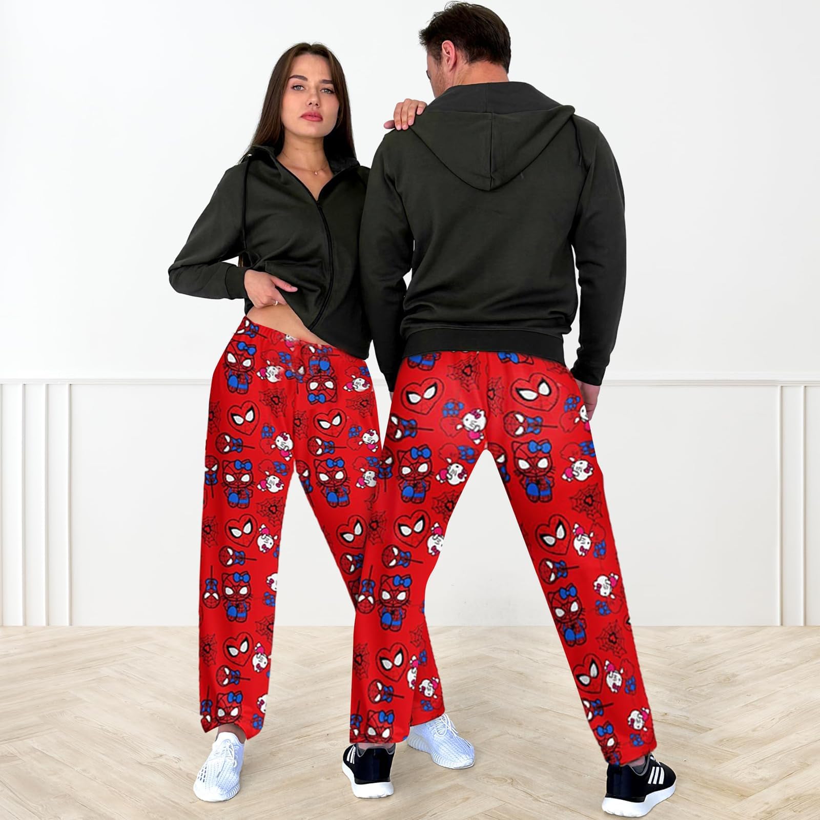 Anime Pajamas for Women Men Cartoon Cat Unisex Couple All Over Print Bottoms Sleep Pajama Pants Christmas Valentine Gifts Red M