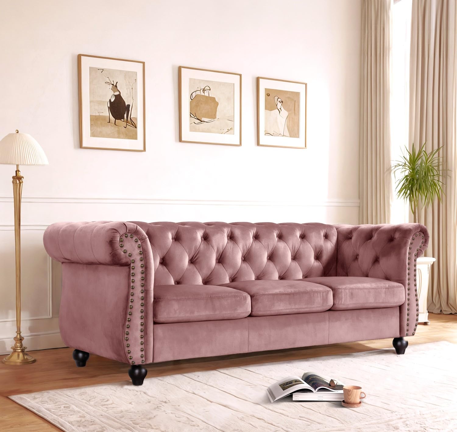 Container Furniture Velvet Chesterfield Couch, Button-Tufted Backrest, Rolled Arms, High-Density Foam with Spring Support, Elegant Accent Piece, Sofa, Dark Blue