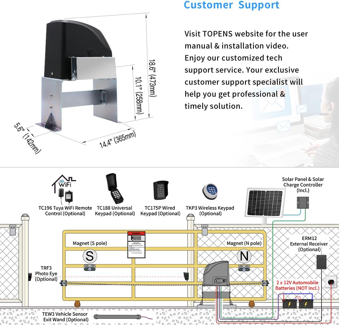 TOPENS DKC500S Solar Sliding Gate Opener Chain Drive Automatic Gate Motor for Heavy Driveway Slide Gates Up to 1300 Pounds, Electric Gate Operator Battery Powered with Solar Panel Remote Control Kit