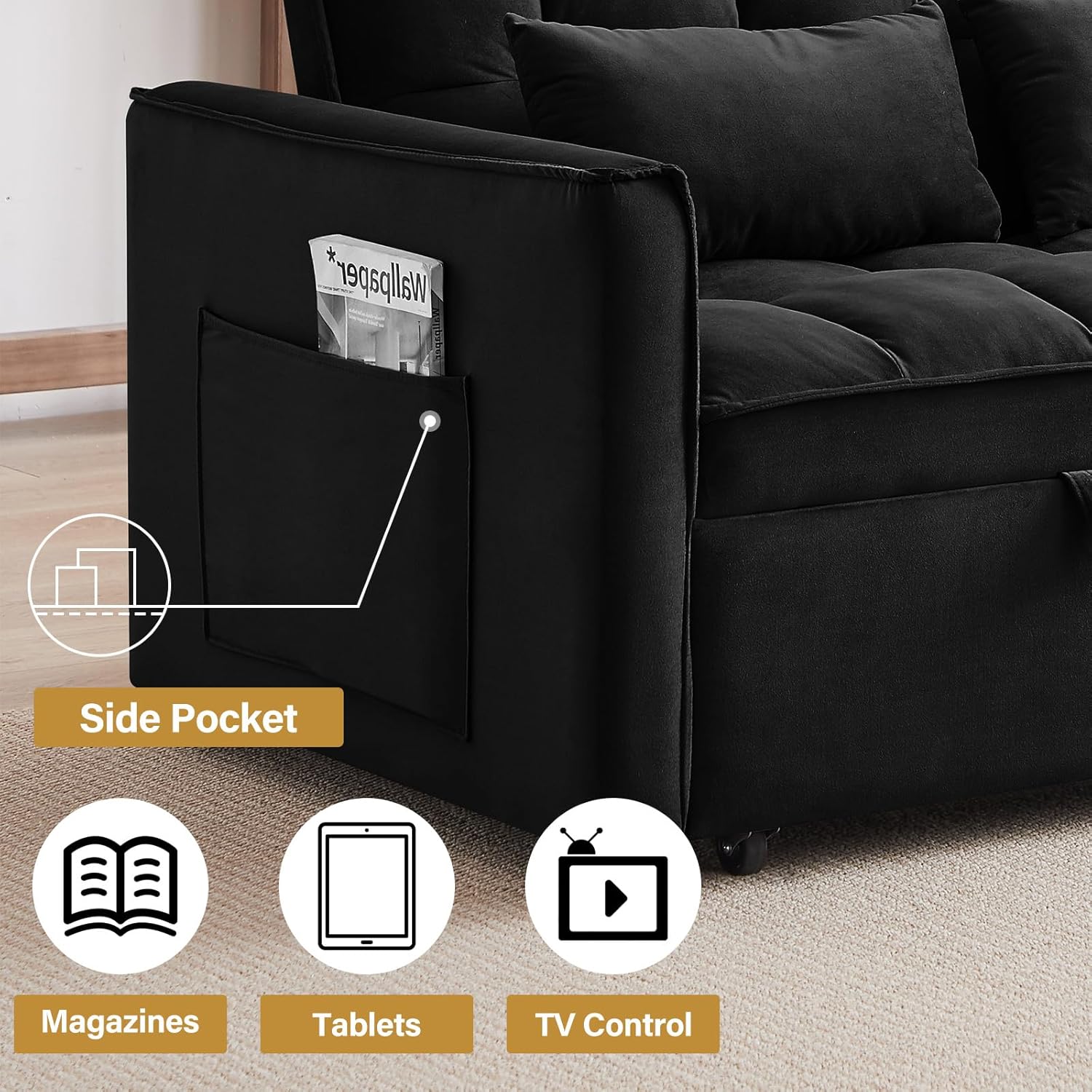 3 in 1 Sleeper Sofa Bed,Velvet Convertible Sofa Bed Pull-Out Bed Couch With Side Pockets,55'' Loveseat Sleeper Sofa with Adjustable Backrest for Living Room,Bedroom,Apartment and Small Space,Black