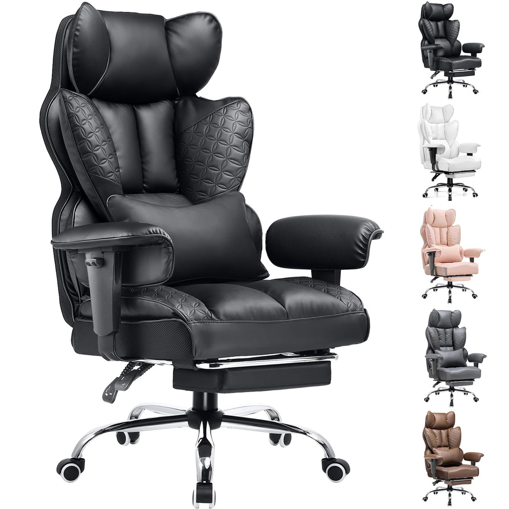 COMHOMA Big and Tall Office Chair 400LBS Wide Ergonomic Gaming Chair with Deluxe Embossing Designed Leather with Foot Rest,150°Reclining Adjustable Armrests Pocket Spring Back Support and Pillow