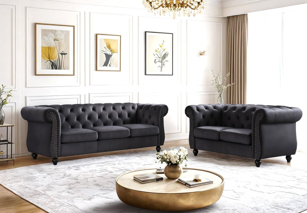 Container Furniture Velvet Chesterfield Couch, Button-Tufted Backrest, Rolled Arms, High-Density Foam with Spring Support, Elegant Accent Piece, Sofa, Dark Blue