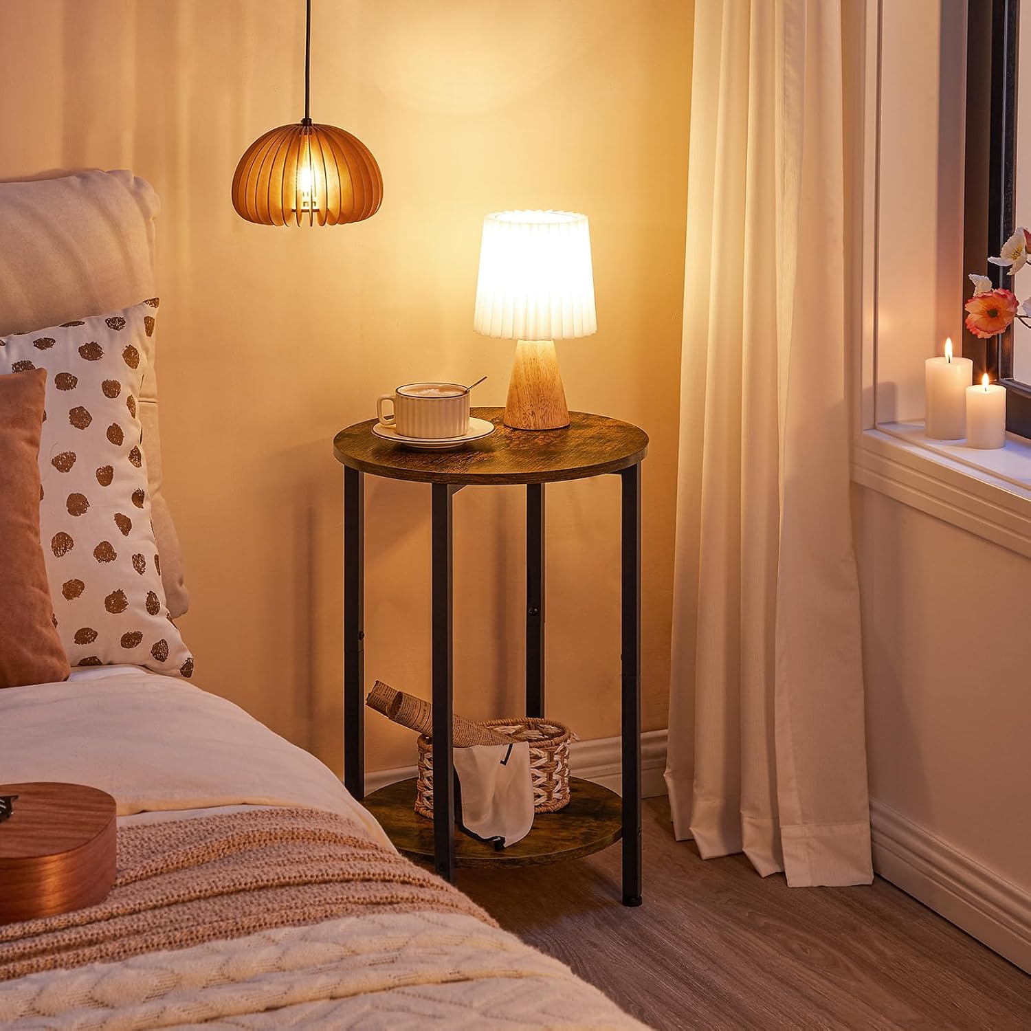 HOOBRO Round Side Table, Wooden Look Accent End Table for Sofa Couch, Round Nightstand with 2-Tier Storage Shelf, for Small Spaces in Living Room, Bedroom, Rustic Brown BF58BZ01G1