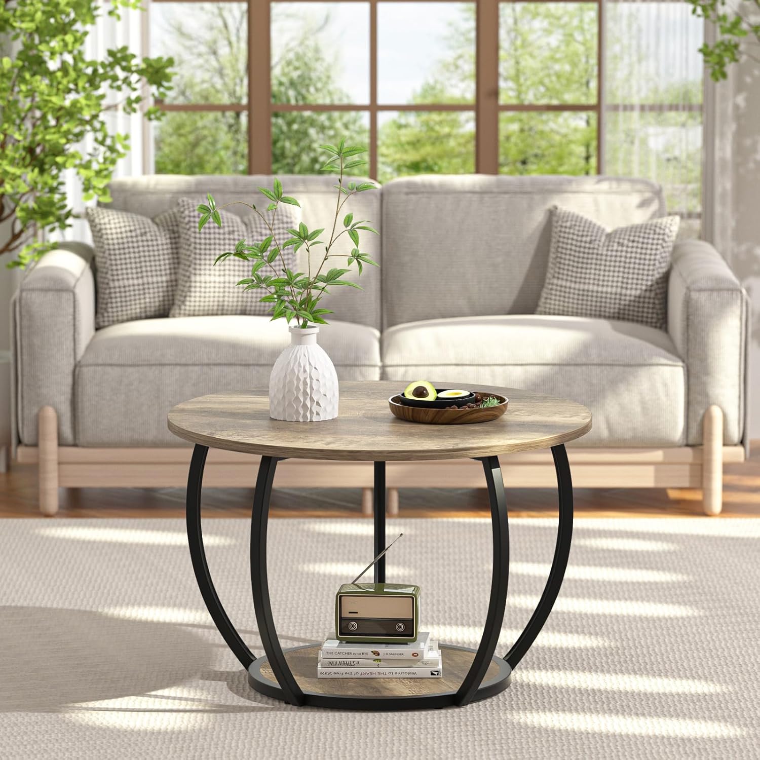 GreenForest Round Coffee Table with 2-Tier Open Storage, 27.6 inch Small Circle Coffee Tables with Adjustable Feet, Modern Mini Center Table for Small Living Room, Grey Wash