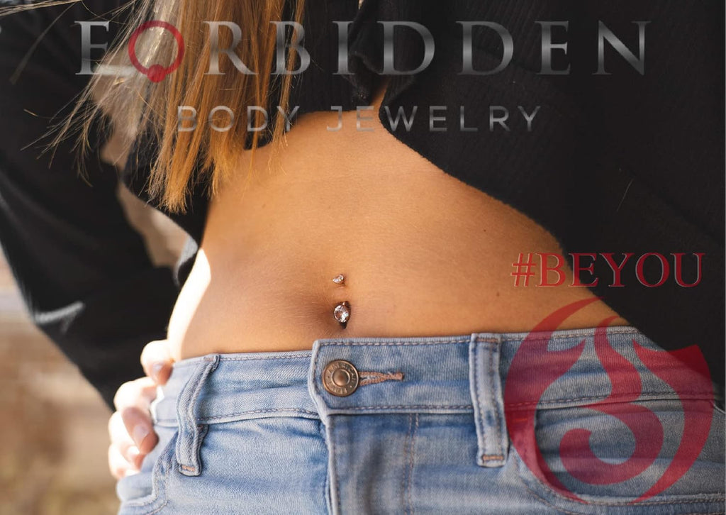 Forbidden Body Jewelry 14K Gold Belly Button Ring 14G 10mm w/Double Crystal - Stainless 316L Surgical Steel Belly Button Piercing - Yellow Barbell Belly Rings Women Navel Piercing Jewelry (1 Pc)