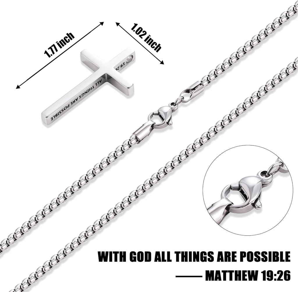 Fiusem Cross Necklace for Men, Inspirational Bible Verse Cross Chain for Men, Stainless Steel Box Necklace