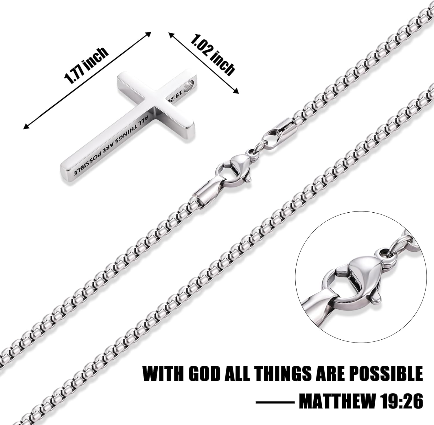 Fiusem Cross Necklace for Men, Inspirational Bible Verse Cross Chain for Men, Stainless Steel Box Necklace