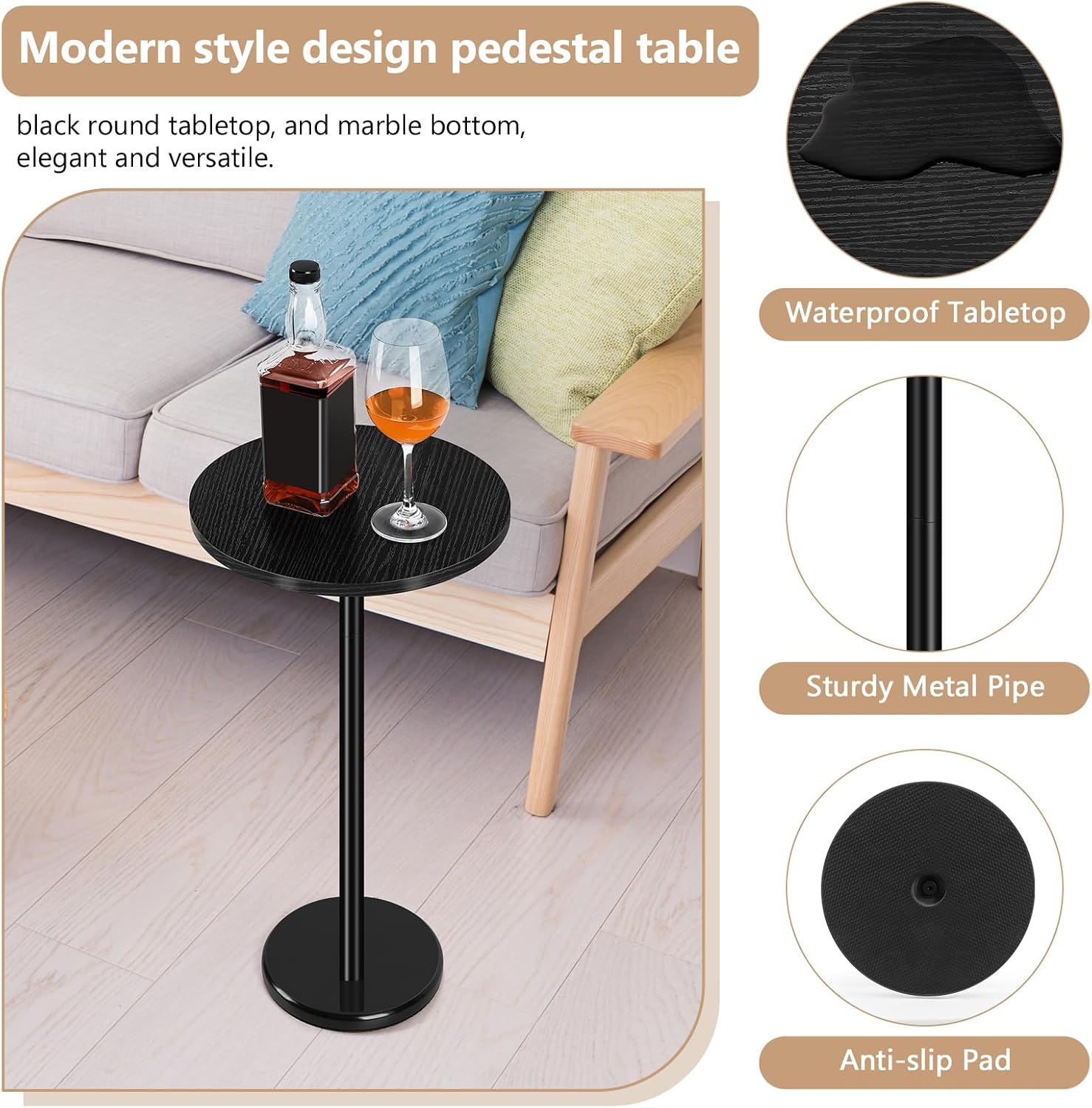 Black Drink Table Small Round Pedestal Side Table with Marble Base Modern Cocktail Table for Patio Sofa Couch Chair, Black